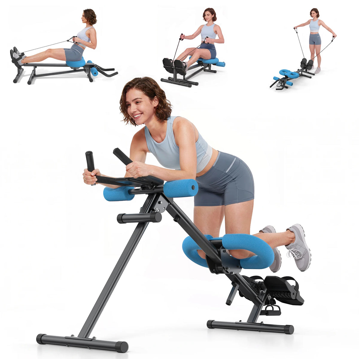 MERACH 4-in-1 Foldable Ab Trainer Rowing Roman Chair Leg Exerciser Home Gym Machine Adjustable Resistance Full Body Workout Equipment for Home Use Low Impact Core Training for Beginners & Seniors