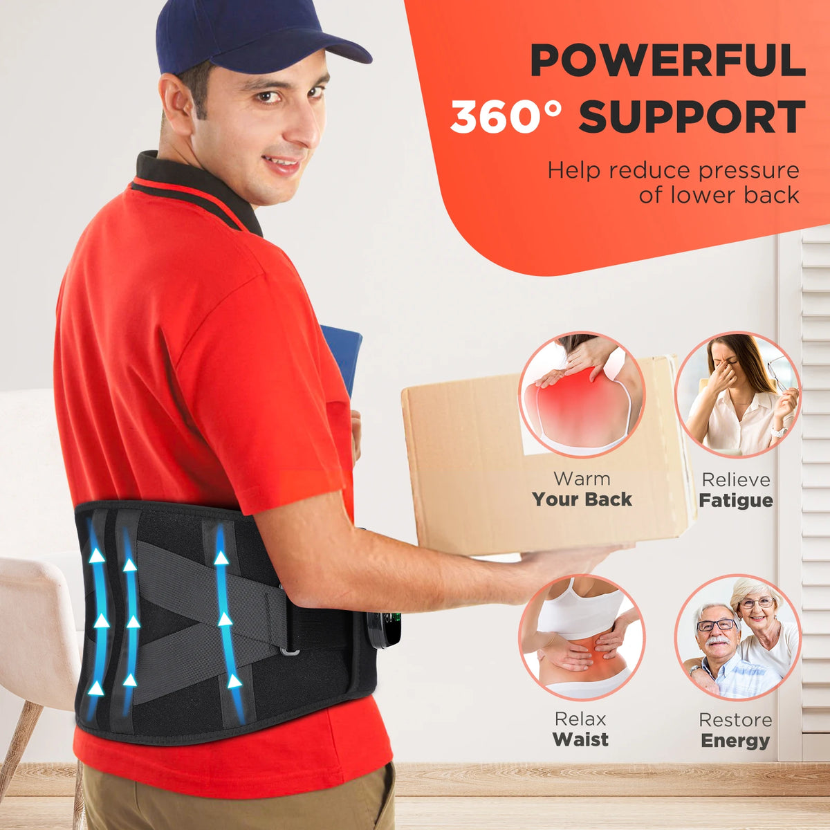 Electric Heating Vibration Back Support Massage Belt, 5 Temperature Settings 2 Motor Vibration Waist Wrap, Rechargeable Red Light Lumbar Brace