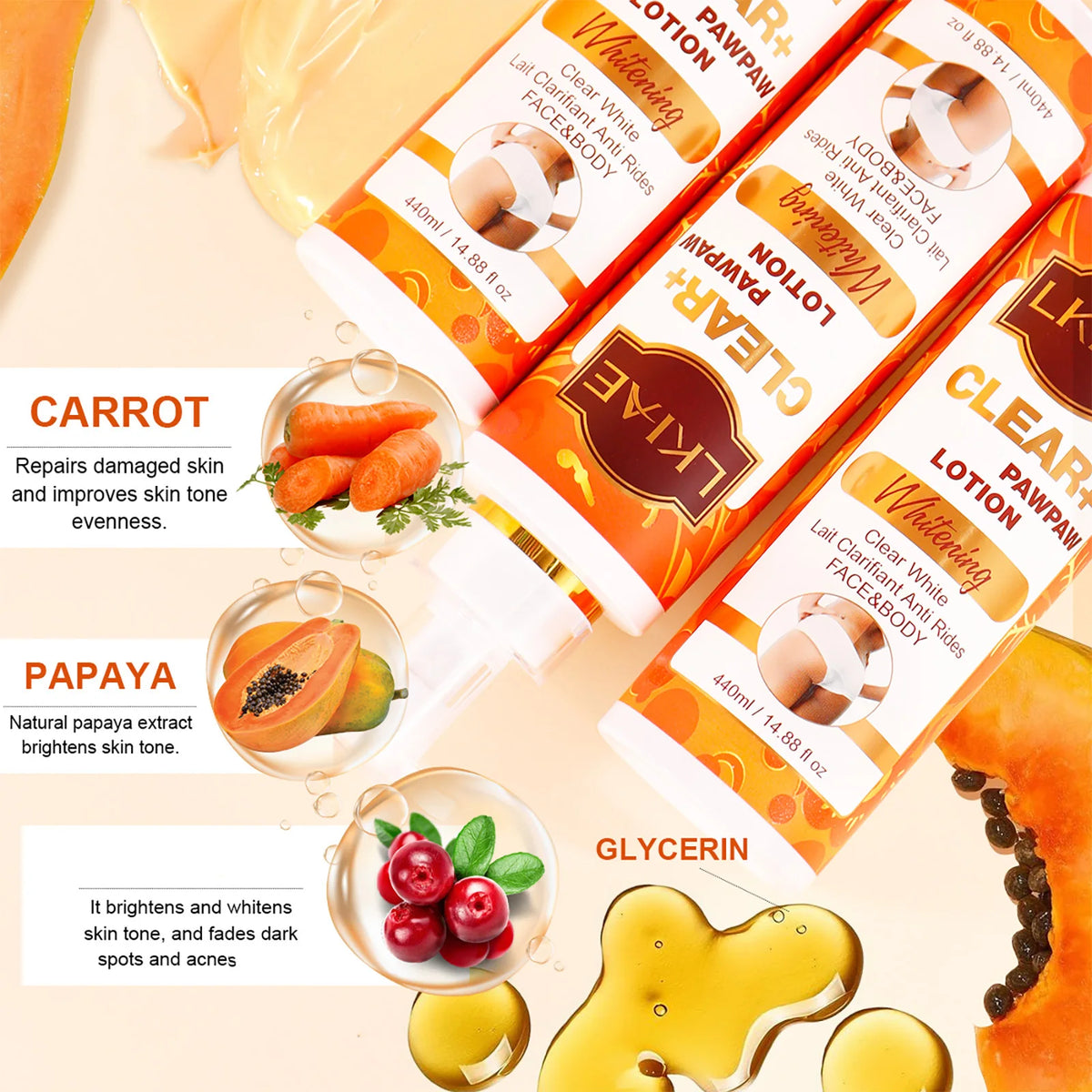 LKIAE PAWPAW Whitening Lotion for Face, Body, Reduce Spots, Nourishing, Hydrating, Brightening, for Black, Dark, Caramel Skin