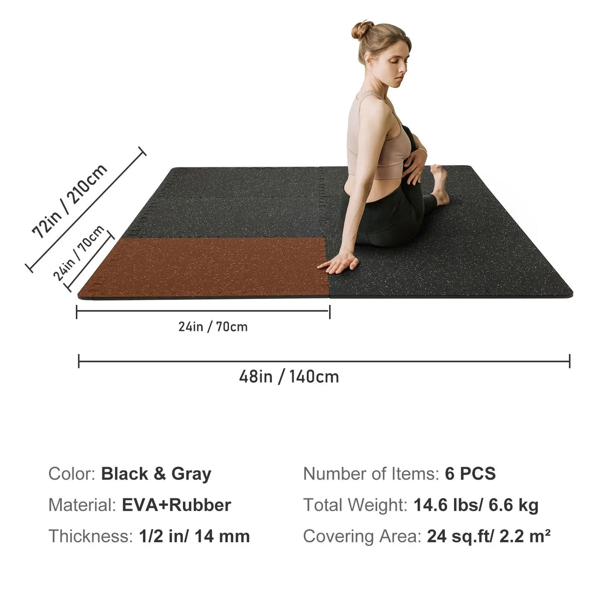 EVA Interlocking Foam Floor Mats, 0.56 in Thickened 6 Pcs Puzzle Rubber Tiles, 24 x 24 in Exercise Floor Mat for Workout & Fitness, Heavy Duty Flooring Mats for Home, Gym, Office-24 Sq Ft