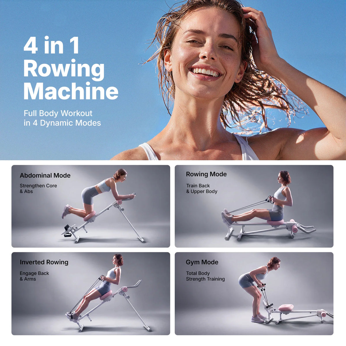 MERACH  4-in-1 Foldable Ab Trainer Rowing Roman Chair Leg Exerciser Home Gym Machine Adjustable Resistance Full Body Workout Equipment for Home Use Low Impact Core Training for Beginners & Seniors