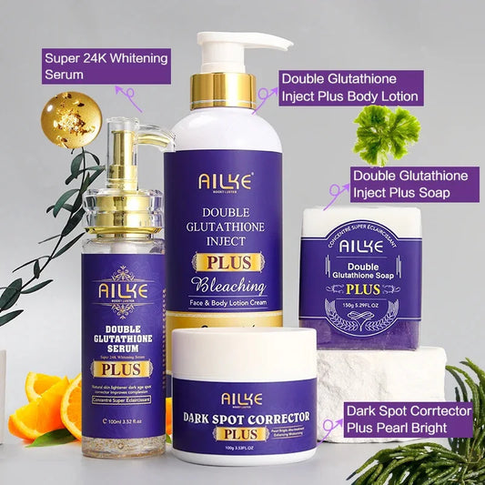 AILKE Double Glutathione Whitening Set For All Skin Types, Reduce Dark Spots, Melanin, Freckles, Chloasma, Even Skin Tone